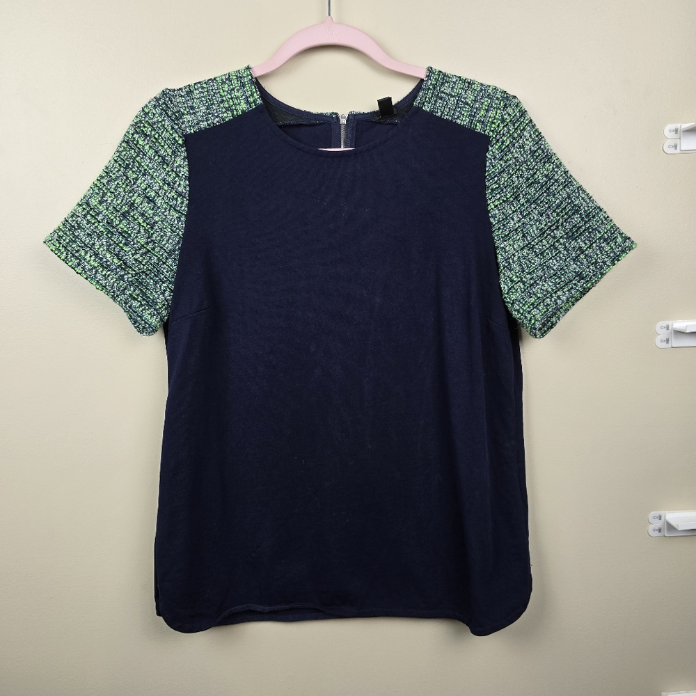 FIRM J. Crew Navy with Green Tweed Sleeves Top Size S